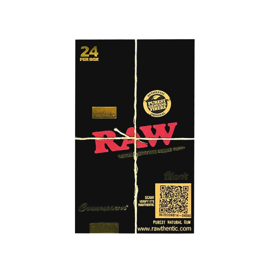 Raw Classic Rolling Papers Black Cannsesseur1 1/4 Size + Tips 24Ct