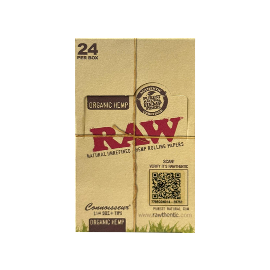 Raw Organic Hemp Connoisseur Unrefined Hemp Rolling Papers 1 1/4 Size + Tips 24Ct