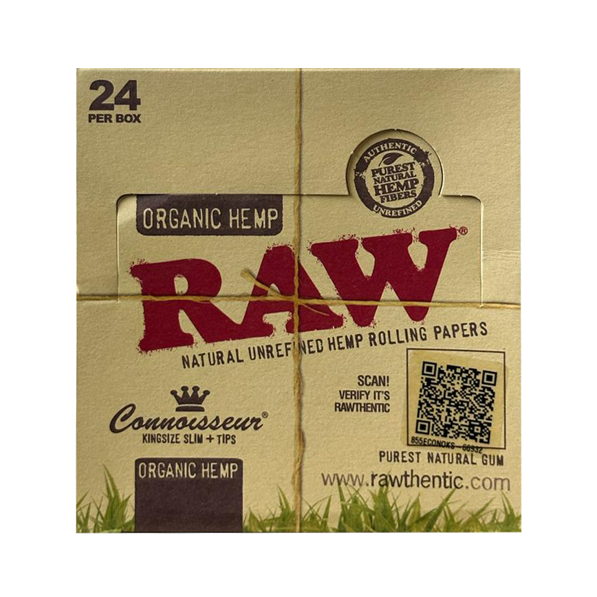 Raw Organic Hemp Connoisseur Unrefined Hemp Rolling Papers Kingsize Slim +Tips  24Ct